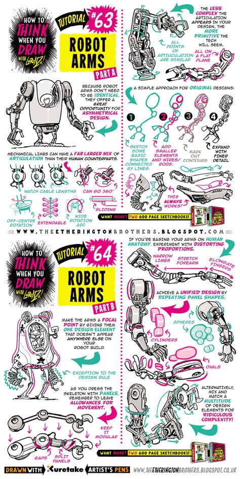 Arms Tutorial, Draw Robot, Etherington Brothers, Typography Book, Comic Tutorial, 3d Drawings, Poses References, Robot Concept Art, Drawing Lessons