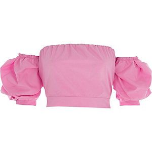 Pink puff sleeve tie back bardot crop top Incredibles Shirt, Puff Shoulder Top, Short Crop Tops, Puffed Sleeve Top, Top Puff Sleeve, Bardot Crop Top, Tie Back Top, Puff Sleeve Crop Top, Pink Crop Top