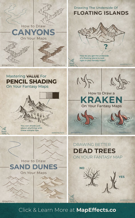 Fantasy Map Tips and Tutorials to teach you how to map your story for your next novel or rpg campaign Fantasy Map Mountains How To Draw, How To Draw Cities On Fantasy Maps, How To Draw Forests On A Map, Homemade Fantasy Map, Dnd Cartographer, Mountain Map Dnd, Fantasy Map Tutorial, Things To Include In Your Fantasy Map, Drawing Fantasy Maps