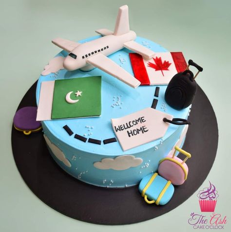 India To Canada Cake Ideas, India To Canada Cake Designs, Welcome Back Cake Travel, Welcome Back Cake Ideas, Have A Safe Journey Cake, Welcome Back Cake, Travel Theme Cake, Welcome Home Cake, Bon Voyage Cake