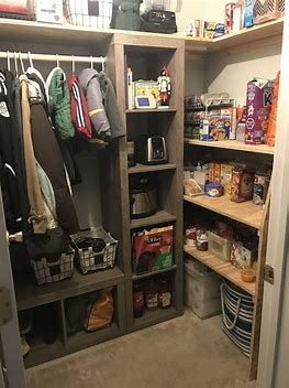 coat closet and pantry combination - Search Images Half Pantry Half Coat Closet, Coat Closet Pantry Combo, Pantry And Coat Closet Combo, Utility Coat Closet, Walk In Utility Closet, Pantry And Mudroom Combo, Coat Closet Design, Pantry Addition, Walk In Coat Closet