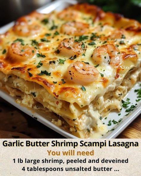 Naomi's Recipes | Garlic Butter Shrimp Scampi Lasagna | Facebook Garlic Butter Shrimp Scampi Lasagna, Garlic Butter Shrimp Scampi, Vegan Seafood, Lasagna Ingredients, Garlic Butter Shrimp, Butter Shrimp, Large Shrimp, Shrimp Scampi, Skillet Meals