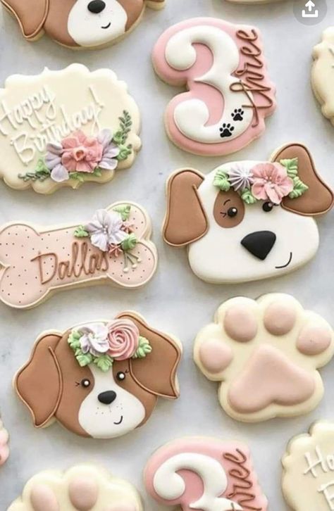 Puppy Cookies, Dog Themed Birthday, Puppy Birthday Cakes, Dog Themed Birthday Party, Cookie Birthday Party, Puppy Birthday Parties, 3rd Birthday Party, Cat Cookies, Dog Bakery