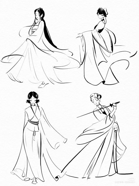 Abstract Fashion Illustration Sketches, Chinese Style Drawing, Hanfu Drawing Reference, Flowing Dress Drawing Reference, Head Dress Drawing, Chinese Dress Drawing, Dress Poses Drawing Reference, Traditional Chinese Aesthetic, Hanfu Drawing