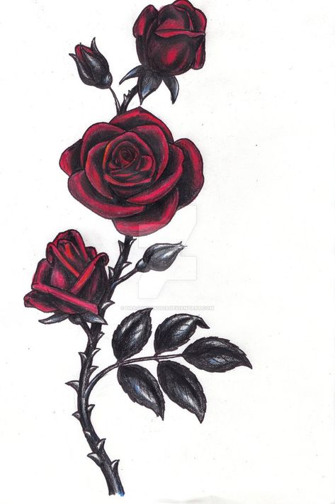 Gothic Rose by Dragonwings13 Rose And Thorns Tattoo, 3 Roses Tattoo Design, Gothic Rose Tattoo, Bodhi Tattoo, Rose Thorn Tattoo, Rose Vine Tattoos, Rose Tat, Gotik Tattoo, Thorn Tattoo