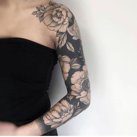 Blacked Out Tattoo Cover Up, Forearm Cover Up Tattoos, Black Sleeve Tattoo, Tattoo Sleeve Filler, Full Tattoo, Blackout Tattoo, Full Arm Tattoos, 4 Tattoo, Floral Tattoo Sleeve