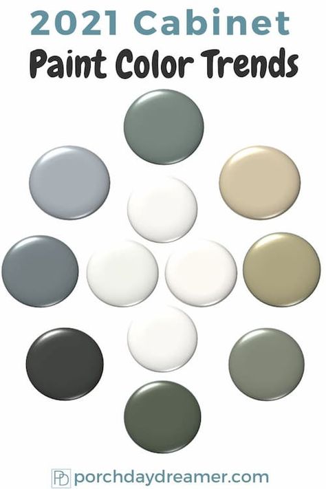 Looking for the 2021 kitchen cabinet paint color trends? I've got nine of the hottest paint colors plus coordinating whites too! #colortrends2021 #kitchencabinets #paintcolors #cabinetcolors #porchdaydreamer 2023 Cabinet Colors, Popular Bathroom Cabinet Colors, Porch Daydreamer, Kitchen Cabinet Paint, Paint Color Trends, Kitchen Color Trends, Kitchen Cabinets Color Combination, Paint Color Combos, Cabinet Painting