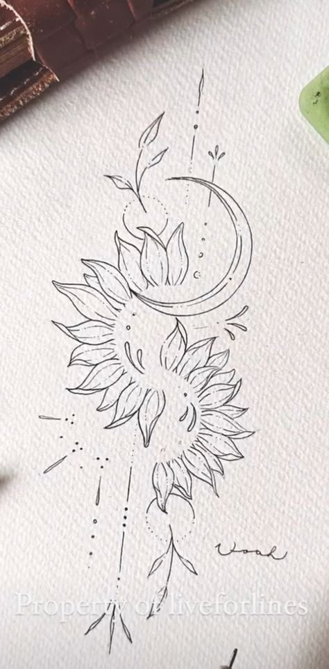 Sun And Wildflower Tattoo, Flower Sun And Moon Tattoo, Half Sleeve Tattoo Designs Sketches, Plant Medicine Tattoo, Flower Script Tattoo, Sun Moon Spine Tattoos For Women, Floral Moon And Sun Tattoo, April Birth Flower Tattoo Daisies, Celestial Sunflower Tattoo