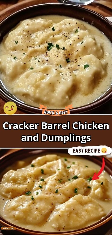 Enjoy a taste of Southern comfort with this homemade version of Cracker Barrel Chicken and Dumplings. Soft dumplings and tender chicken are simmered in a flavorful broth, creating a soothing meal that feels like a warm embrace. #ChickenDumplings #SouthernCooking #ComfortFood Cracker Barrel Chicken And Dumplings Recipe, Cracker Barrel Chicken And Dumplings, Dumplin Recipe, Cracker Barrel Chicken, Cracker Barrel Recipes, Chicken Dumplings Recipe, Chicken And Dumplings Recipe, Homemade Chicken And Dumplings, Chicken Dumplings