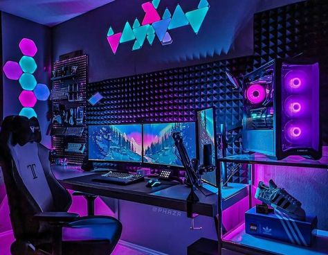 Horror Pc Setup, Gaming Bedroom Ideas Boys, Small Gaming Room Ideas, Gaming Bedroom Ideas, Lofted Cabin, Gaming Room Ideas, Stream Setup, Games Room Inspiration, Game Room Lighting