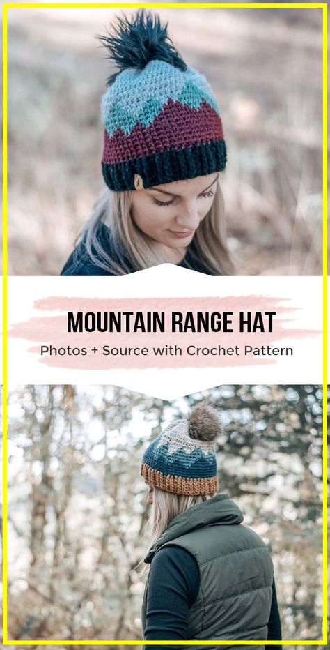 crochet Mountain Range Hat pattern - easy crochet hat pattern for beginners Mountain Knit Hat Pattern, Unique Crochet Beanie Patterns, Crochet Mountain Hat, Crochet Hat 2 Colors, Crochet Beanie For Boys, Crochet Mountain Pattern, Tapestry Crochet Hat, Mountain Knitting Pattern, Crochet For Camping