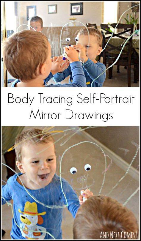 All about me: Drawing full-body self-portraits on mirrors from And Next Comes L All About Me Drawing, About Me Drawing, All About Me Eyfs, All About Me Topic, Half Mirror, All About Me Project, All About Me Preschool Theme, Portrait Mirror, Me Preschool Theme