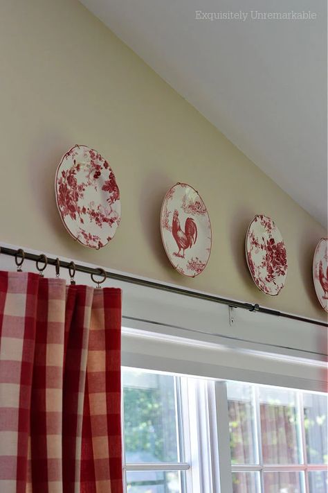 Plates On Kitchen Soffit, Styling Plates On Wall, How To Display Decorative Plates, Hanging Plates On The Wall Ideas, Vintage Plates On Wall, Wall Plates Decor, Gothic Dining Room, White Cottage Kitchens, Plate Wall Display