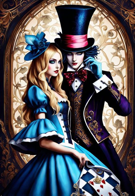 Alice in Wonderland in gothic style, intertwined with the Mad Hatter, both in dramatic pose, with hyper-detailed eyes peering through elaborate intricate gothic attire with elegant, detailed garments, emo ambiance, digital painting, volumetric lighting, high contrast, cinematic masterpiece Gothic Alice In Wonderland Art, Alice In Wonderland Digital Art, Mad Hatter Images, Dark Mad Hatter, Black Alice In Wonderland, Gothic Alice In Wonderland, Alice And The Mad Hatter, Gothic Attire, Alice In Wonderland Fanart