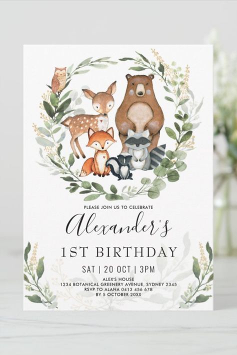 Sweet Woodland Forest Animals 1st Birthday Boy Invitation Whimsical woodland birthday invitation featuring adorable watercolor illustration of five forest friends and soft botanical greenery #happybirthday #birthdaycards #birthdayparty #firstbirthday #turningone #wildone #animal Forest Birthday Invitations, Woodland Creatures Birthday, Woodland Invitation Birthday, Woodland Forest Animals, Animal Birthday Invitation, 1st Birthday Boy, Forest Birthday, Whimsical Woodland, Party Themes For Boys