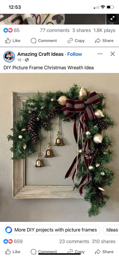 Big Picture Frames, Christmas Frames Diy, Diy Christmas Pictures, Picture Frame Wreath, Photo Frame Crafts, Christmas Picture Frames, Picture Frame Crafts, Picture Frame Decor, Diy Picture Frames