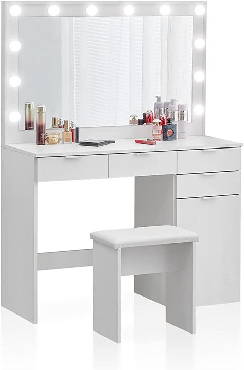 Vanity Desk With Mirror, Desk With Mirror, White Dressing Tables, Vanity Organizer, Desk Bedroom, Table Vanity, Mirrored Vanity Desk, Vanity Benches, Vanity Table Set