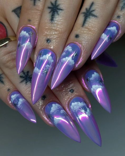 Chrome clouds ⛅️ ✨️ Using✨ 🌶 @aimeiligelpolish 🌶 @apresnailofficial 🌶 @nafprofessionals 🌶… | Instagram Purple Chrome Nails, Purple Chrome, Star Nail Designs, Chrome Nail Polish, Pink Chrome Nails, Different Nail Designs, Nail Art Gel, Fake Nails With Glue, January 23