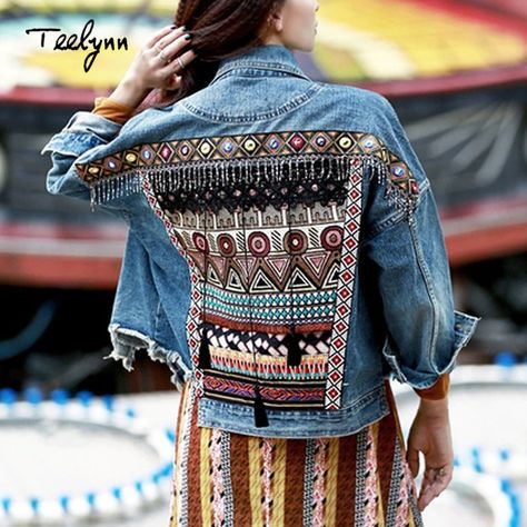 Smarter Shopping, Better Living! Aliexpress.com How To Wear Denim Jacket, Jean Diy, Look Hippie Chic, Look Boho Chic, Bohemian Jackets, Moda Denim, Denim Jacket Fashion, Bohemian Chic Fashion, Loose Coats