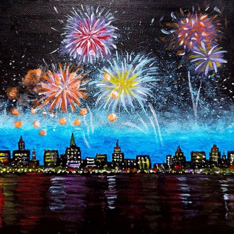 Paintings Of Fireworks, New Year Painting Ideas For Kids, Happy New Year 2024 Painting, Happy New Year Painting Ideas Canvas, New Year Drawings Ideas, New Years Eve Painting, New Year’s Eve Painting, Happy New Year Drawing Art, New Year Canvas Painting Ideas