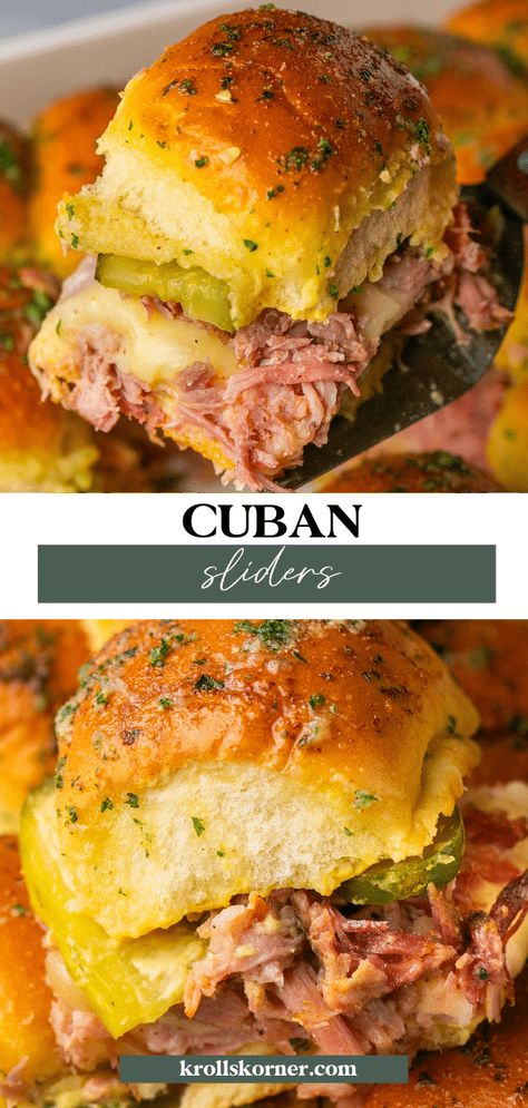 Hawaiian Roll Sliders Cuban, Cold Sliders Recipes Hawaiian Rolls, Cuban Sliders Hawaiian Rolls, Rueben Sliders, Slider Sunday, Cuban Sliders, Sliders Recipes, Ham Sliders, Savory Ham