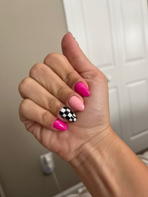 Pink Nails With Design Ideas, Pink Checkerboard Nails, Simple Funky Nails, Pink And Orange Checkered Nails, Hot Pink And Checkered Nails, Colorful Checkered Nails, Bright Checkered Nails, Checkerboard And Flames Nails, Pink Checkered Nails