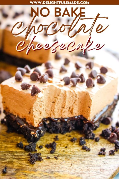 EASY No Bake Chocolate Cheesecake Recipe | Delightful E Made Chocolate Peanut Butter Cheesecake Bars, Peanut Butter Cheesecake Bars, Italian Desserts Easy, Chocolate Cheesecake Bars, Chocolate Chip Cookie Cheesecake, Triple Chocolate Cheesecake, Oreo Cheesecake Recipes, No Bake Chocolate Cheesecake, Lemon Cheesecake Bars