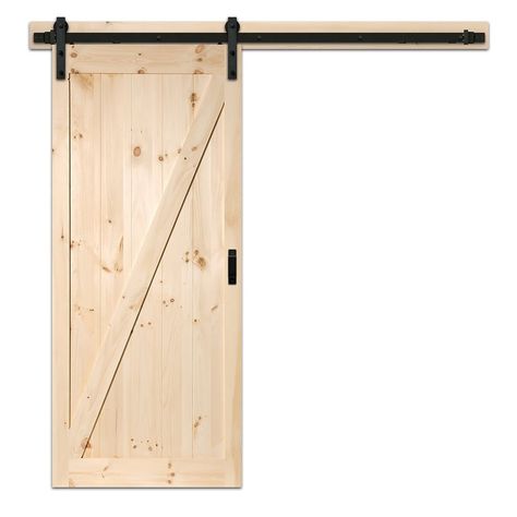 TRUporte 36 inch x 84 inch Pine Z Design Rustic Barn Door with Modern Hardware Kit and So ... | The Home Depot Canada Pine Barn Door, Modern Sliding Door Hardware, Sliding Barn Door Closet, Z Design, Sliding Wood Doors, Drywall Installation, Modern Sliding Doors, Wood Barn Door, Barn Door Kit