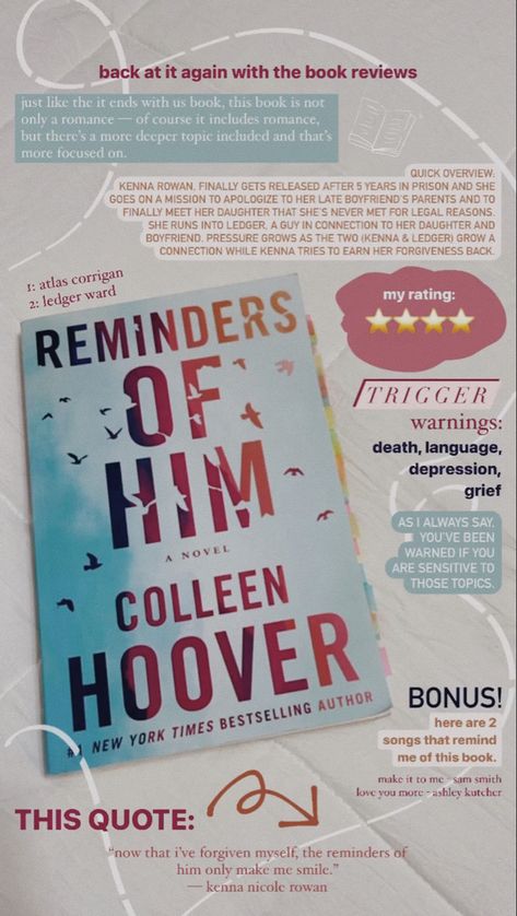 Reminders Of Him Review, It Ends With Us Review, Reminders Of Him Colleen Hoover Book, Colleen Hoover Book Review, Collen Hover, Colleen Hoover Book, Reminders Of Him, Teenage Books To Read, Book Reading Journal