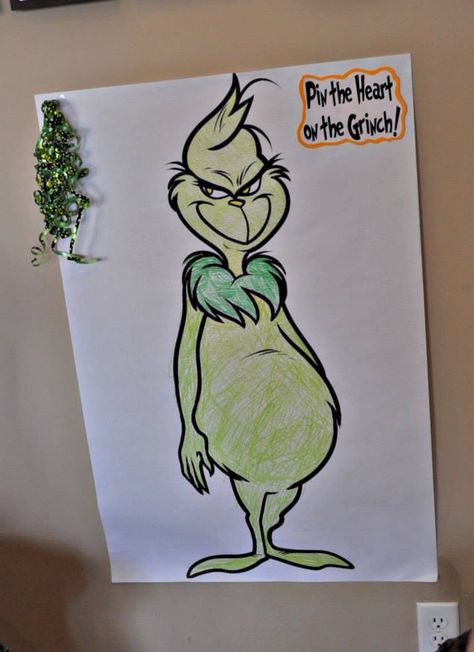 Pin the Heart on the Grinch Game - poster printout from Kinko's Grinch Pin The Heart Game, Pin The Heart On The Grinch, Grinch Games, Grinch Night, Grinch Printable, Grinch Party, Grinch Christmas Decorations, Game Poster, Busy Bees