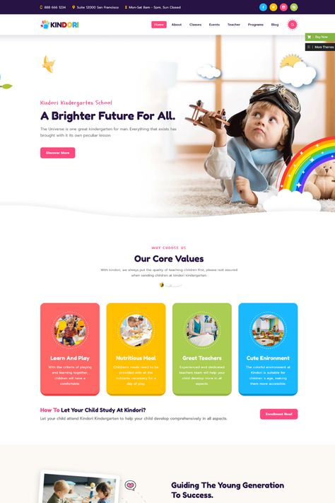 Kindori is a beautiful and functional WordPress theme designed specifically for schools and kindergartens. With its bright and playful design, it is sure to capture the attention of both children and parents alike.The theme features pre-built page templates, including a homepage, about us page, and contact page, making it easy for users to get started. It also includes a variety of customization options, allowing schools to tailor the website to their specific needs. Kindergarten Website Design, Daycare Website Design, Education Website Design Inspiration, Preschool Branding, Kids Website Design, Kindergarten Website, Website About Us, School Website Design, Web Design School