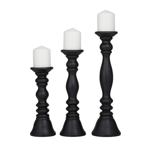 Black Wood Turned Style Pillar Candle Holder Set | Michaels Candle Stands Decor, Wood Turned Candle Holders, Brown Candle Holders, Pillar Candle Stand, Wood Pillar Candle Holders, Round Candle Holder, Brown Candles, Black Candle Holders, Wood Candle Holder