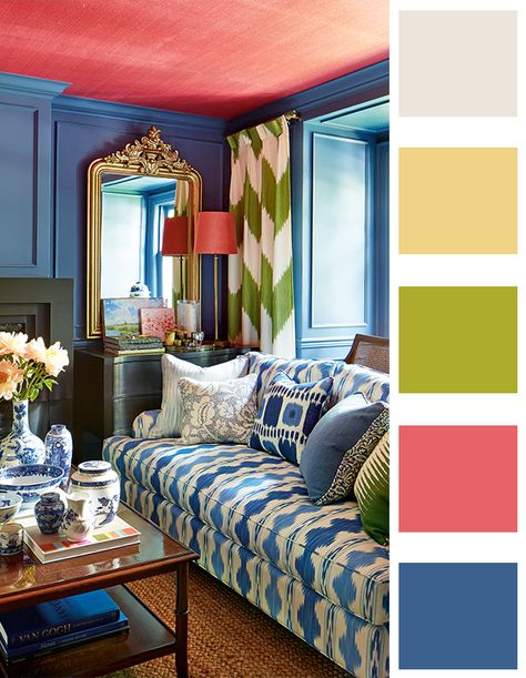 Maximalist Color Palette, Room Color Palettes, Coral Living Rooms, Modern Living Room Colors, Coral Room, Coral Colour Palette, Living Room Color Combination, Maximalist Living Room, Room Color Combination