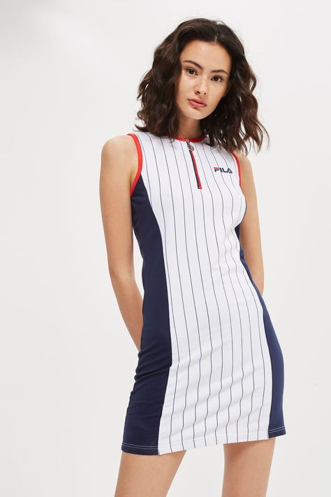 Stripe Logo Bodycon Dress by FILA Fila Dress, Front Zipper Dress, Crystal Dress, Sporty Dress, Body Conscious, White Bodycon Dress, Panel Dress, 70 Dress, Little Dresses