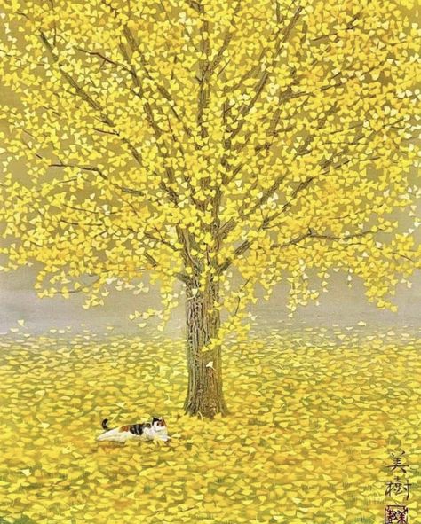 By Mikiko Noji, Japanese, Garden Paintings, October Country, Calming Cat, Seasons Autumn, Cool Paper Crafts, Under The Tree, Old Paintings, Mystical Art, Fall Family