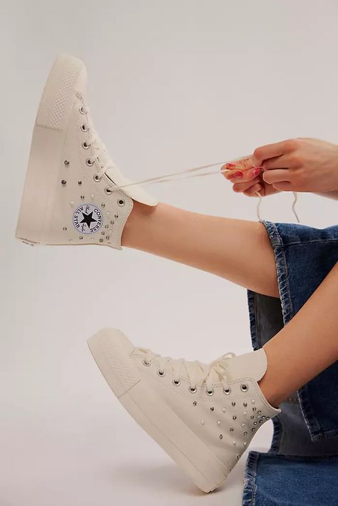 High Top Sneakers for Women | Free People Rhinestone Converse, Embellished Sneakers, Converse Shoes Womens, Converse Low Tops, Red Converse, All Star Shoes, Converse Run Star, Heels Sneakers, Pink Converse