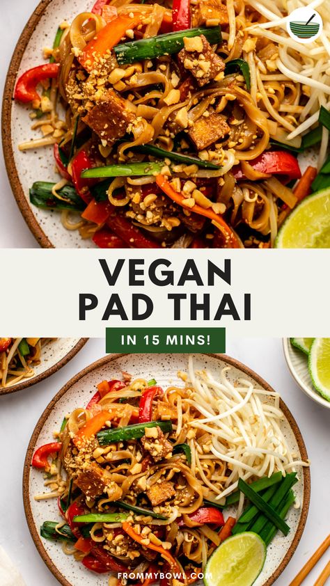 Enjoy homemade Vegan Pad Thai any night of the week! It's loaded with rich flavor, packed with plant-based protein, and can be made faster than you can order takeout. Gluten-free. Vegan Pad Thai Recipe, Vegetarian Pad Thai, Tofu Pad Thai, Scrambled Tofu, Vegetarian Thai, Vegan Pad Thai, Resep Pasta, Food Near Me, Pad Thai Noodles