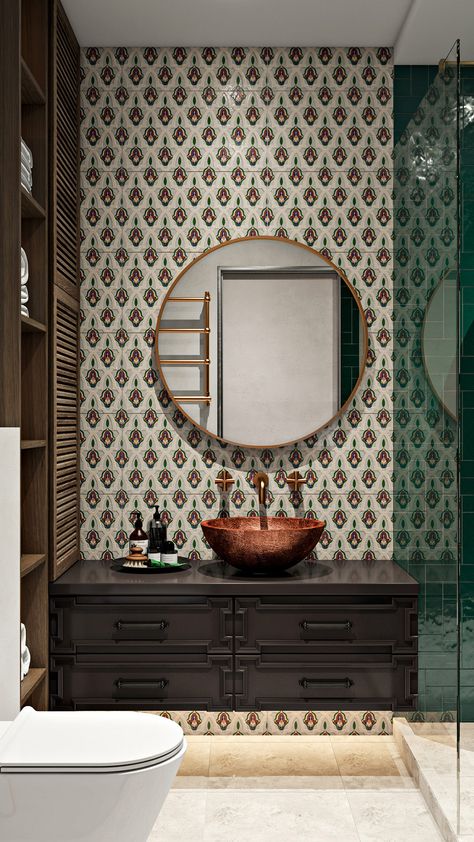 Shower Small Bathroom, Eclectic Bedroom Design, Bathroom Organizing, Brown Leather Chairs, Small Bathroom With Shower, Style Apartment, Pattern And Texture, Eclectic Bathroom, Eclectic Bedroom