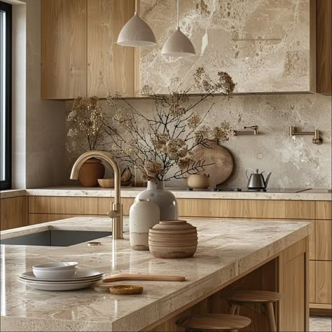 Neutral Earthy Kitchen, Kitchen Neutral Colors, Kitchen White And Wood, Stone Kitchen Countertops, Light Wood Kitchen, Neutral Kitchen Colors, Japandi Color Palette, Wabi Sabi Bathroom, Kitchen Ideas Luxury