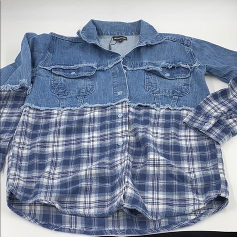 A Jeans And Flannel Shirt. Very Casual. Size 4 Brand New. Shirt Made Out Of Ties, Upcycle Shirts Women, Restyle Old Clothes, Mending Hacks, Recycled Mens Shirt, Flannel Upcycle, Flannel Shirt Refashion, Shirt Upcycle, Refashioned Clothing