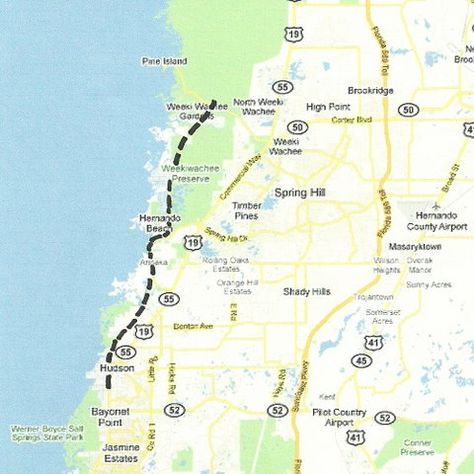 Florida Backroads Travel map of route from Weeki Wachee Springs south to Hudson. Florida Day Trips, Weeki Wachee Florida, Hudson Florida, Weeki Wachee, Florida History, Motorcycle Rides, Florida Adventures, Fossil Hunting, Florida Trip