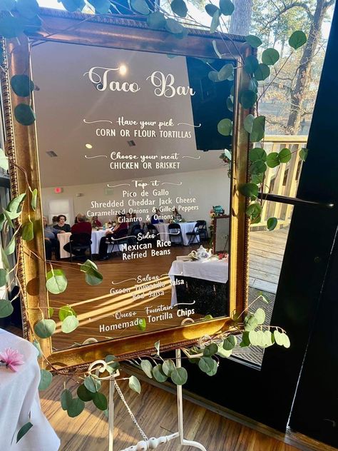 Wedding Menu Taco Bar, Taco Bar Wedding Sign, Reception Taco Bar, Wedding Reception Taco Bar, Taco Bar Menu, Taco Bar Sign, Taco Bar Wedding, Homemade Tortilla Chips, Food Catering