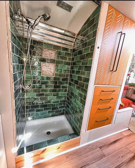 National Skoolie Association on Instagram: “That is, indeed, our favorite skoolie shower tile choice. It looks awesome! Great pick @bumpinbus . . Join our Facebook group @…” Caravan Living, Laundry Chute, Small Travel Trailers, Creative Storage Solutions, Stylish Interior Design, Bus Conversion, Adventure Couple, Pantry Shelf, Boho House