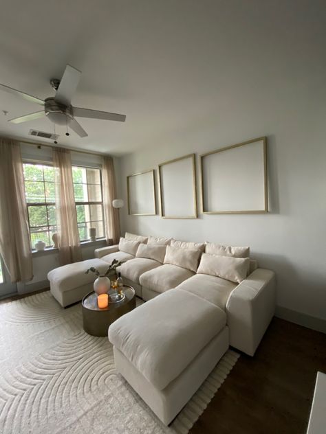 Beige Couch White Pillows, Beige L Couch Living Room Ideas, Ivory And Beige Living Room, Beige Couch And Rug, Apartment Couch Aesthetic, Area Rug With Beige Couch, Beige Couch Rug, Beige Couch With Rug, Living Room Rug Beige Couch