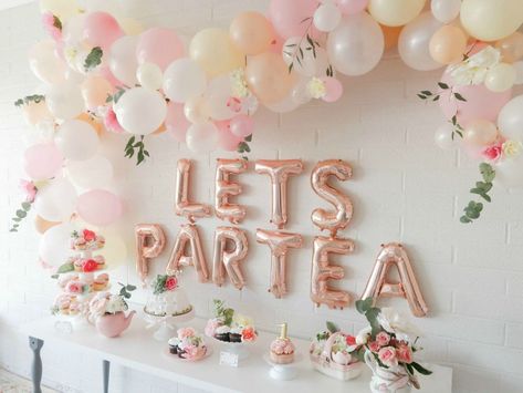 First birthday tea party lets partea girl birthday decor Girls Tea Party Birthday, Office Refresh, Adult Tea Party, Par Tea, Blush Balloons, Princess Tea Party, Baby Shower Tea, Tea Party Theme, Girls Tea Party