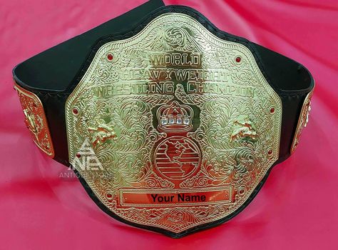 BIG GOLD World Heavyweight Championship Belt Product Details Plate Material: Brass Metal Strap Material: 100% Genuine leather Largest Waist Size: 46W Weight: 2 kg Various Plating and Leather Option are Available Plate Thickness Main Plate: 2mm Side Plate: 2mm PROCESSING & SHIPPING TIMES This belt is processed in 4 to 5 Days. The international Shipping take 5 to 7 days Wwe Championship Belts, Championship Belt, World Heavyweight Championship, Gold Belts, Side Plate, Metal Straps, Brass Gold, Side Plates, Brass Metal