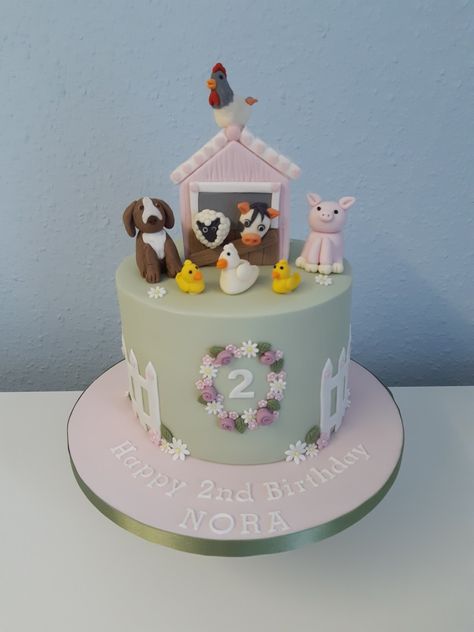 Cute farm themed birthday cake. Small Farm Birthday Cake, Farm Birthday Cake Girl, Pink Farm Cake, Farm Theme Birthday Cake, Farm Themed Birthday Cake, 2nd Birthday Cake Girl, Farm Themed Cake, Farm Birthday Cake, Rustic Birthday Cake