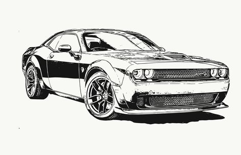 The Hell Cat Challenger Hellcat Challenger Drawing, Dodge Charger Hellcat Drawing, Dodge Car Drawing, Dodge Challenger Sketch, Hellcat Illustration, Dodge Challenger Art, Dodge Challenger Tattoo, Challenger Tattoo, Dodge Challenger Drawing