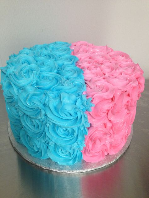 Blue and Pink rosettes , gender reveal! Sweet Layers Cakes & Pastries , Murrieta . Ca Half Pink Half Blue Cake, Rosette Cakes, Cake Whipped Cream, Sweets Birthday, Cakes Pastries, Rosette Cake, Pink Frosting, Blue Cakes, Gender Reveal Cake