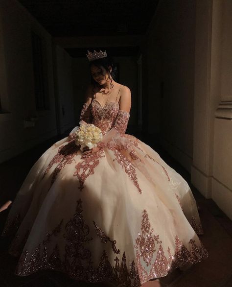 Rose Gold Quince Dress, Gold Quince Dress, Rose Gold Quince, Rose Gold Quinceanera, Tulle Formal Dress, Mexican Quinceanera Dresses, Quinceanera Themes Dresses, Sequin Ball Gown, Gold Quince